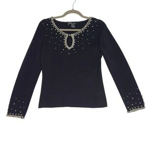 Michelle Nicole Women's‎ Sweater Petite Medium Black Top Beaded Pearls